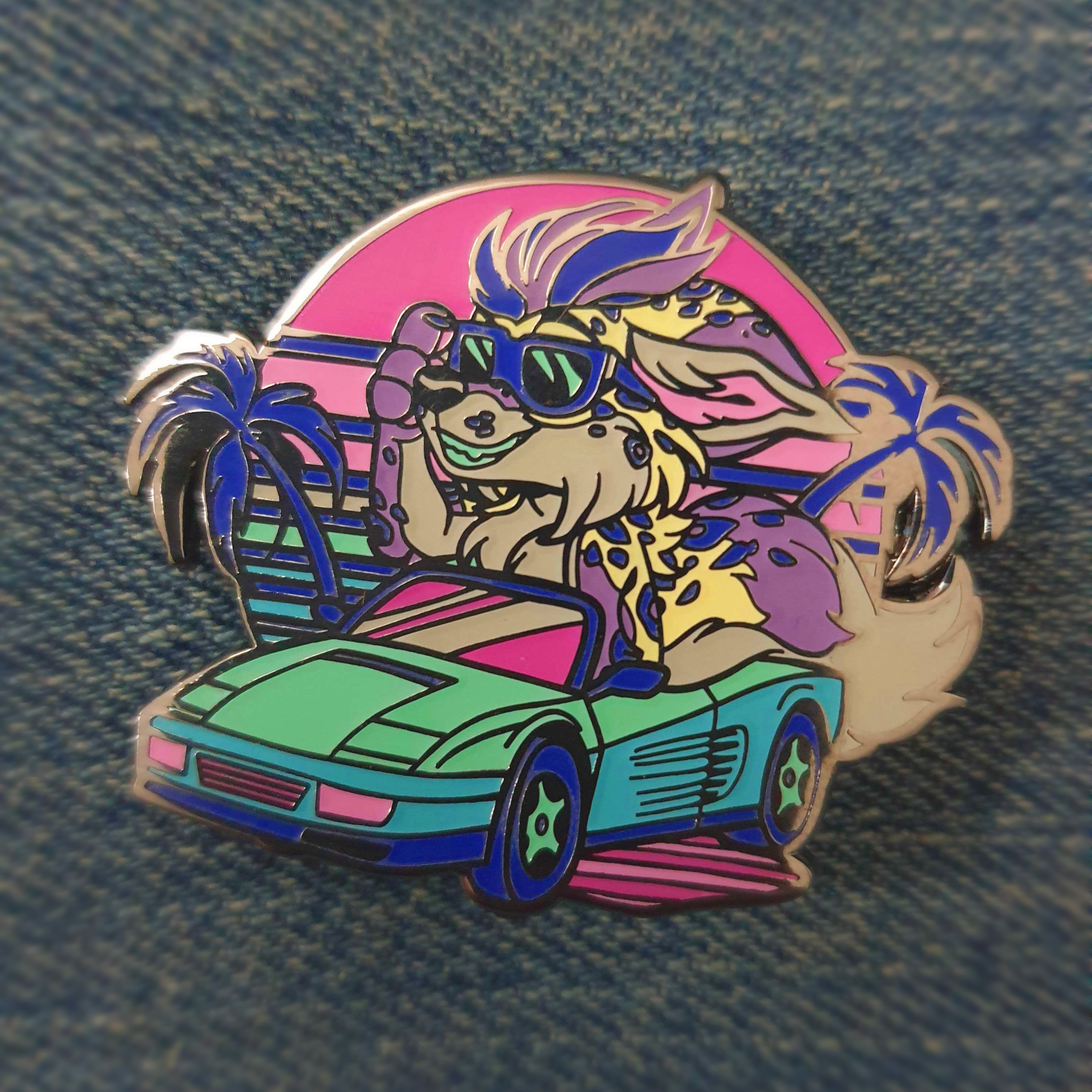 fursona pins pin Strong man in from of the CN tower, wearing a blue shirt with a racoon in front of the Toronto Skyline with the AEO logo.